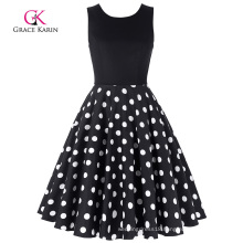 Grace Karin Retro Vintage Sleeveless Crew Neck Patchwork Flare A-Line Black Polka Dots Dress CL010463-3